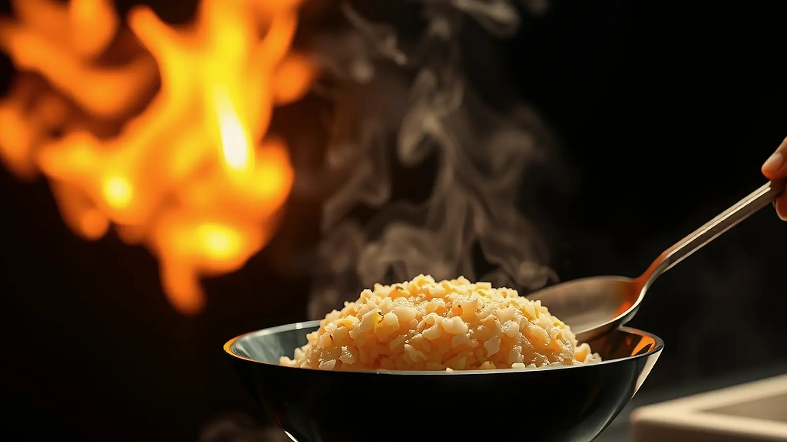 炒飯を盛り付ける場面